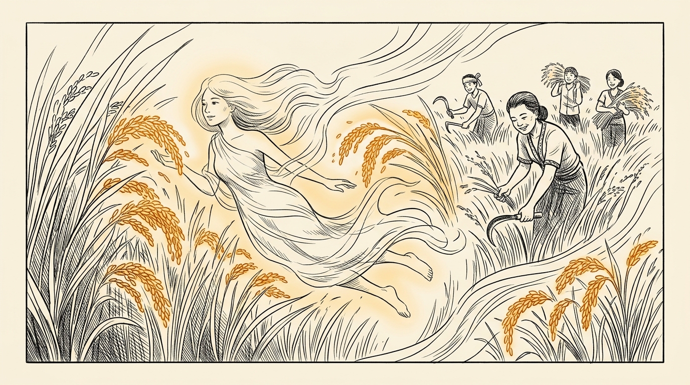 Comic panel: the spirit of Bambarayon — Huminodun's translucent figure floating among golden rice stalks at harvest
