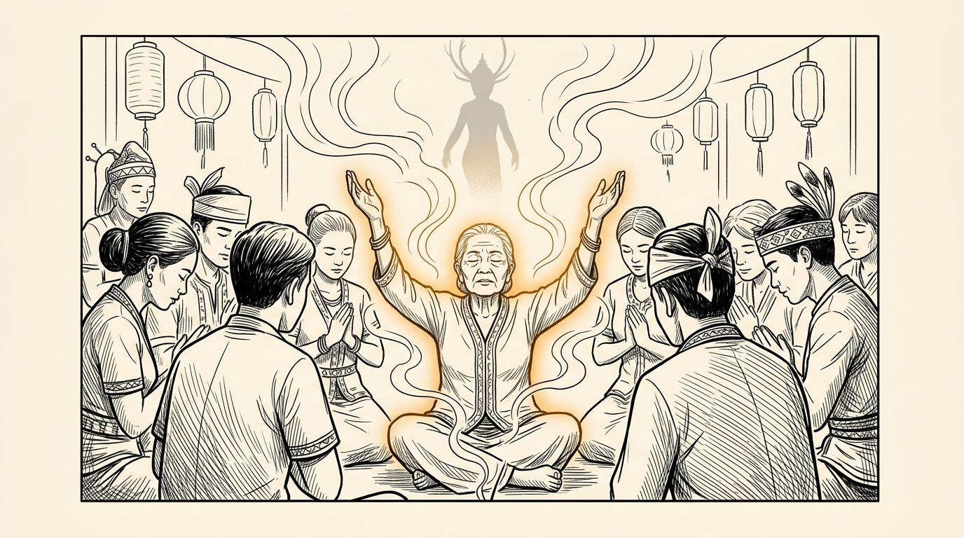 Comic panel: Bobolian priestess in trance, community gathered in circle, Huminodun's spirit descending in the incense smoke