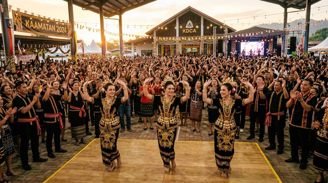 Kaamatan celebration with traditional Sabah harvest festival dancers in colorful Sinuangga costumes