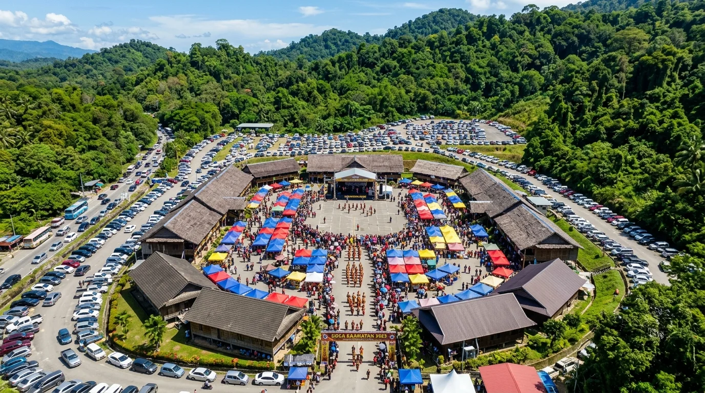 Aerial view of KDCA Penampang compound with traditional houses, festival pavilions, and surrounding grounds during Kaamatan