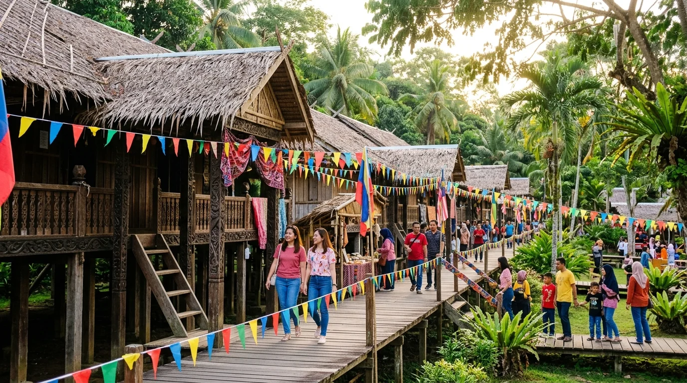 Traditional houses at Koisaan Cultural Village showing various architectural styles from different Sabah districts
