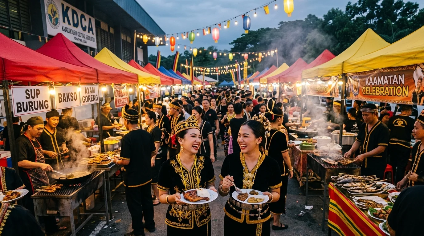 KDCA Kaamatan food stalls during the festival, with crowds and food vendors during evening time