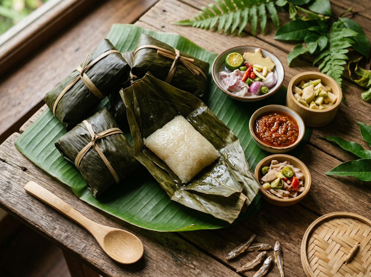 Linopot — sticky rice parcels wrapped in daun isip leaf, one unwrapped showing coconut milk-infused glutinous rice