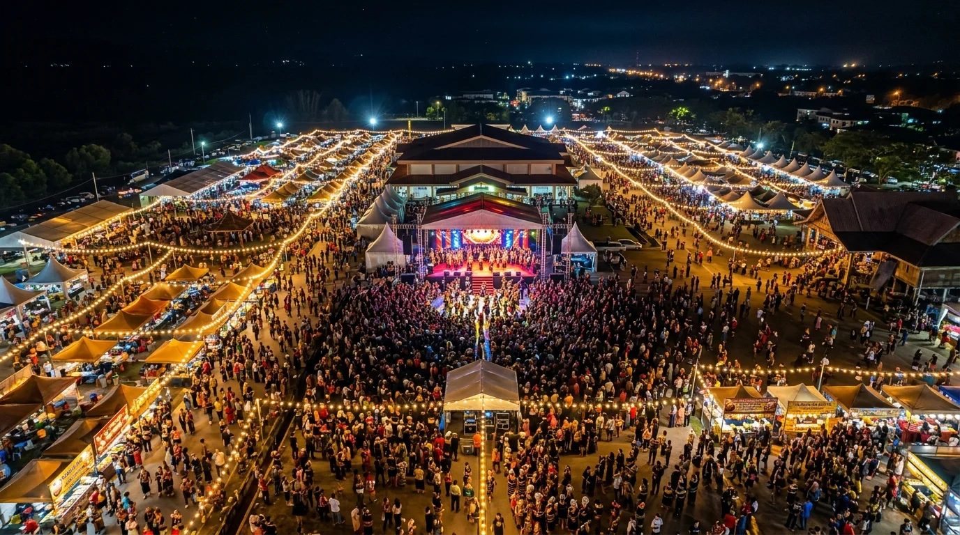 Crowds celebrating Kaamatan at KDCA Penampang — Unduk Ngadau contestants on stage with traditional Sinuangga costumes and Sabah flags in the background