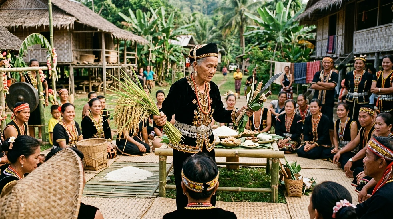 Bobolian priestess performing Magavau ceremony during Kaamatan, with community members gathered in ritual circle and fragrant incense smoke