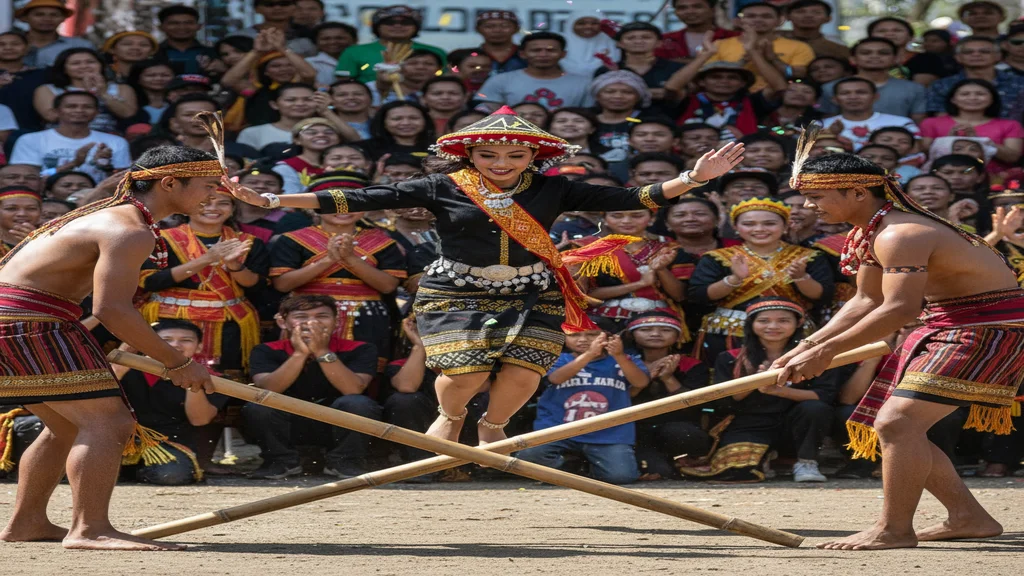 Murut dancer jumping between bamboo poles being clapped together by two handlers, with spectators watching