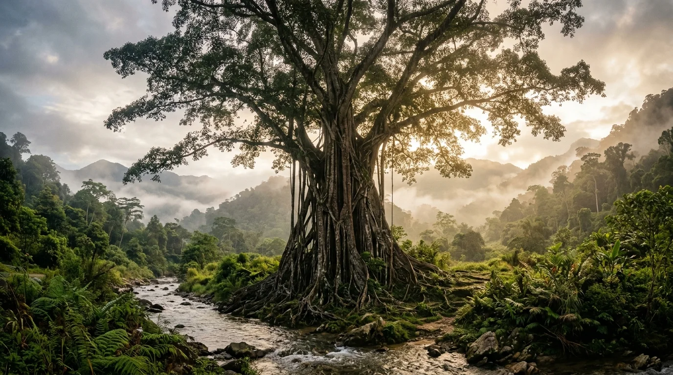 Ancient sacred banyan tree (Nunuk Ragang) at Tampias River, Ranau-Tambunan border, with massive trunk and sprawling roots