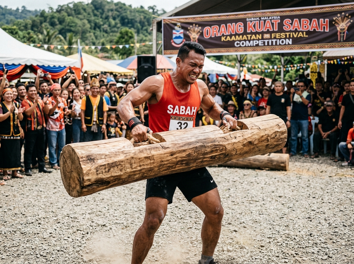Muscular Malaysian man competing in the Orang Kuat Sabah strongman competition at Kaamatan, lifting heavy logs