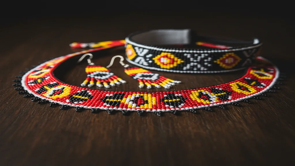 Rungus woman wearing multi-strand beaded necklaces and brass coil rings, showcasing traditional beadwork craftsmanship