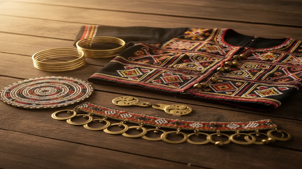 Close-up of Sinuangga gold button arrangement, black velvet, and beaded breastplate