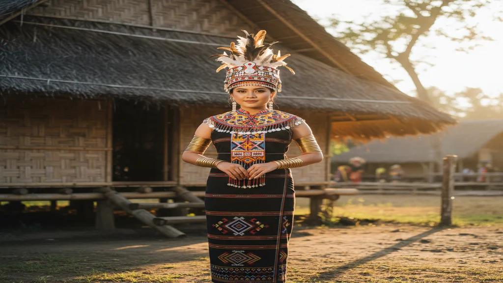 Full-body view of Sinuangga costume showing posture, button arrangement, Tapi wrap-skirt, and all accessories