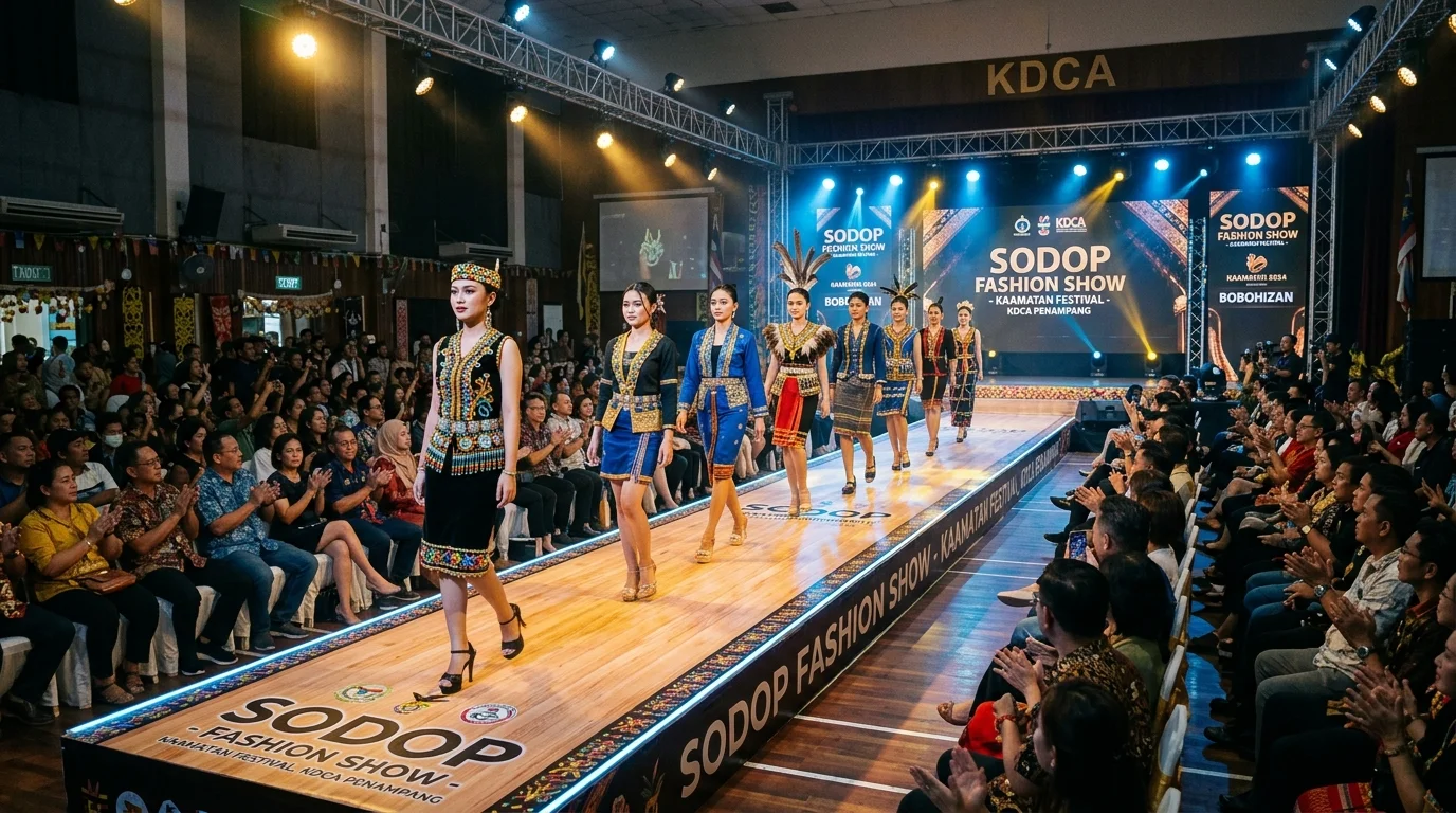 Sodop evening wear runway showing contemporary gowns with traditional Kadazan beadwork and motifs
