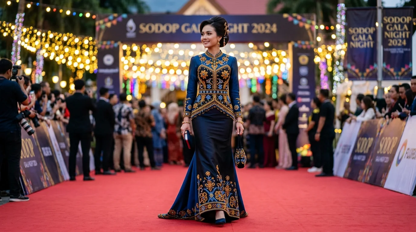 Contemporary evening gown featuring traditional Kadazan Dusun beadwork patterns and brass jewelry at Sodop fashion show