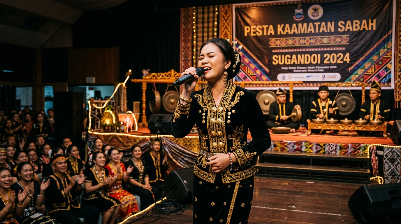 Young Kadazan Dusun woman in traditional Sinuangga costume performing at the Sugandoi singing competition with live gong musicians on stage