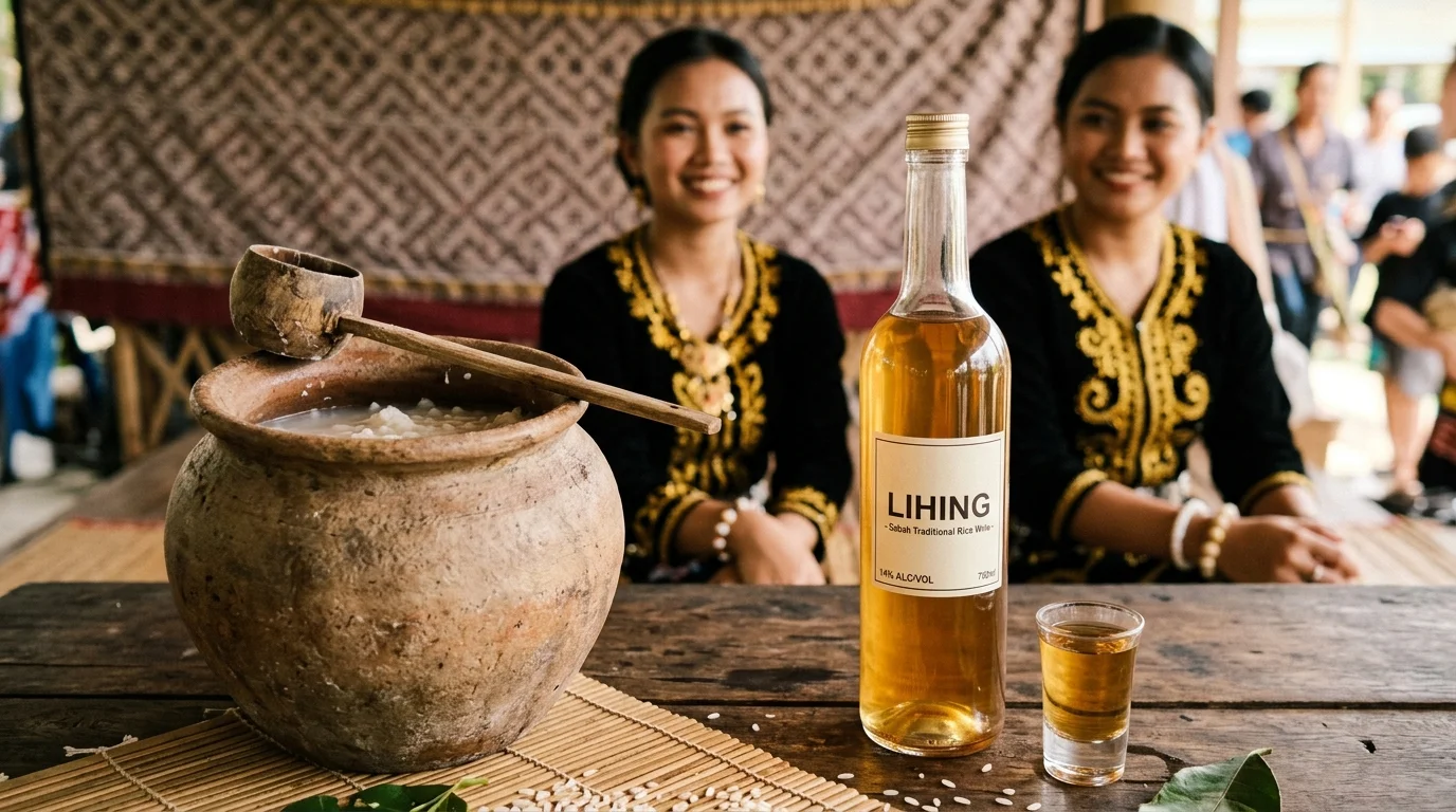 Comparison of tapai served from a traditional jar and lihing in a glass bottle