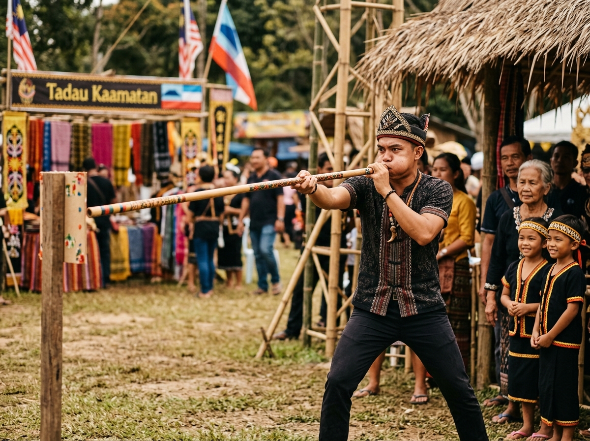 Malaysian man demonstrating traditional blowpipe shooting at Kaamatan festival games area, with spectators watching
