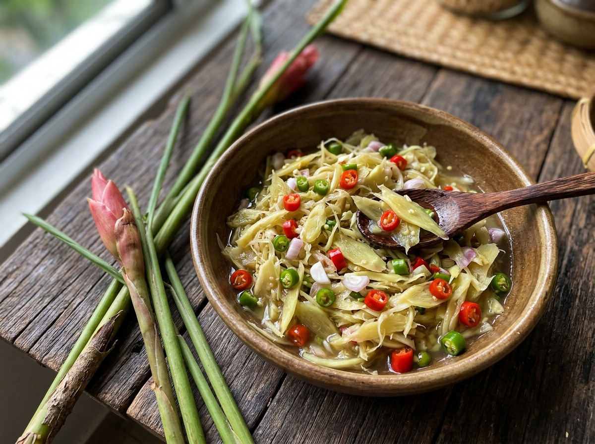 Tuhau sambal — sliced wild Borneo ginger mixed with bird's eye chili and lime juice in a ceramic bowl