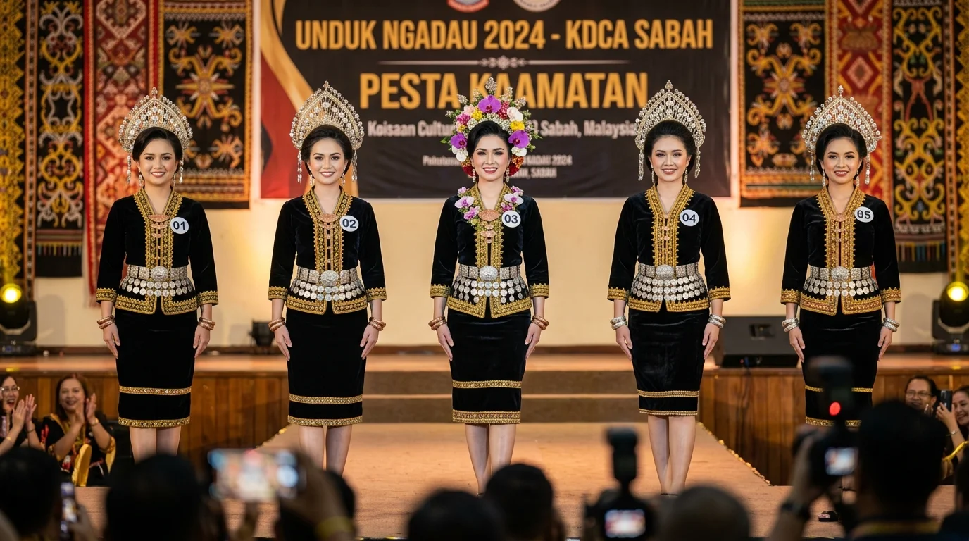 Unduk Ngadau contestants in traditional Sinuangga costume with beaded breastplates and crowns on stage at KDCA