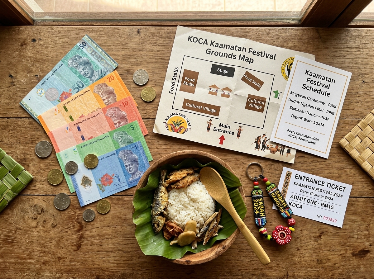 Kaamatan budget planning — ringgit notes, festival schedule, and food items showing the affordable cost of visiting