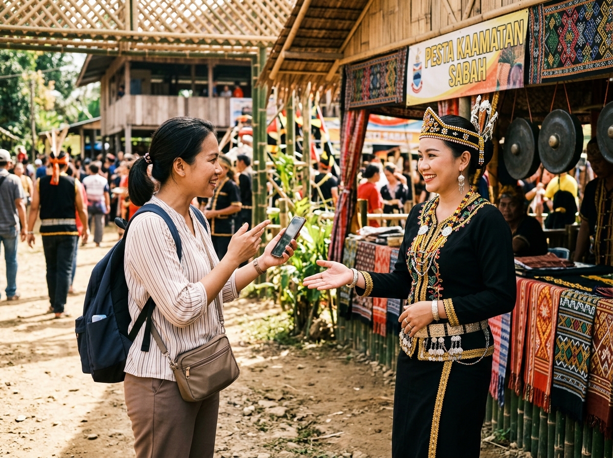 Malaysian tourist politely asking permission before photographing a Kadazan Dusun woman in traditional costume