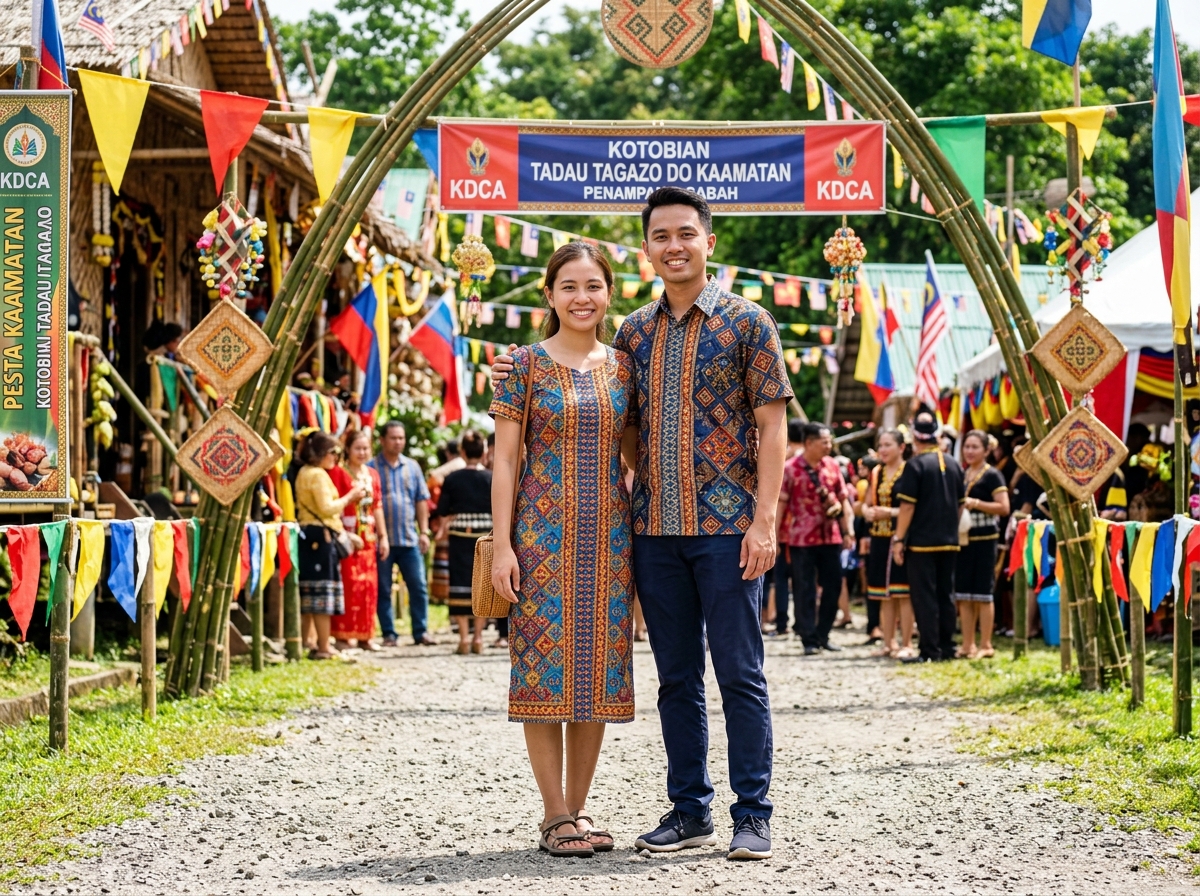Malaysian tourists dressed appropriately in batik for Kaamatan festival — modest, colourful, and culturally respectful