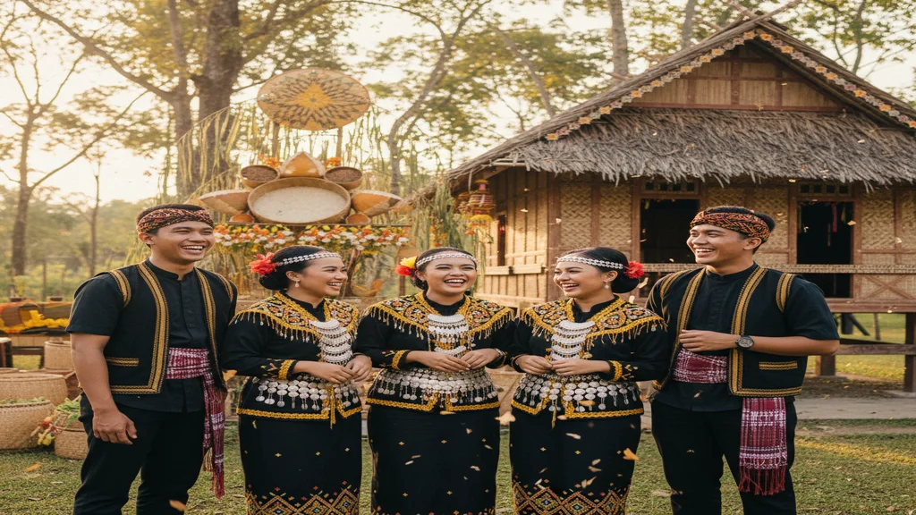 Visitors respectfully wearing traditional Sinuangga costume for photos at Kaamatan