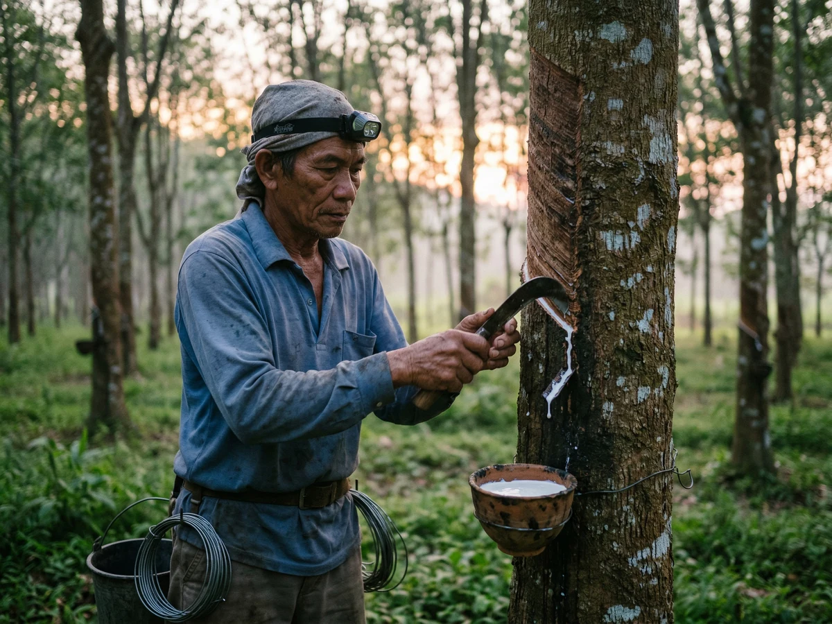 Skilled rubber tapper in Sabah making tapping cuts on a rubber tree at dawn