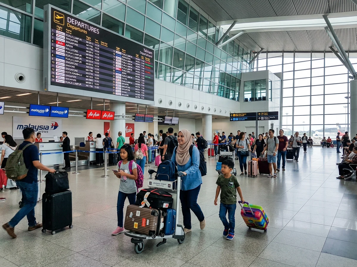 Modern KKIA terminal interior with high ceiling, checkin counters, and arriving passengers