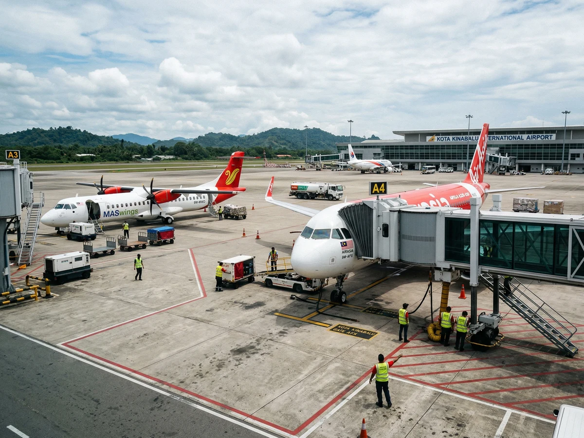 Sandakan airport smaller regional terminal building with aircraft