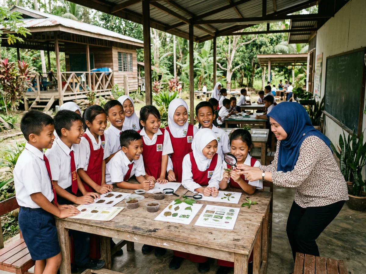 Modern primary school classroom in Kota Kinabalu with Malaysian students and teacher using interactive smartboard