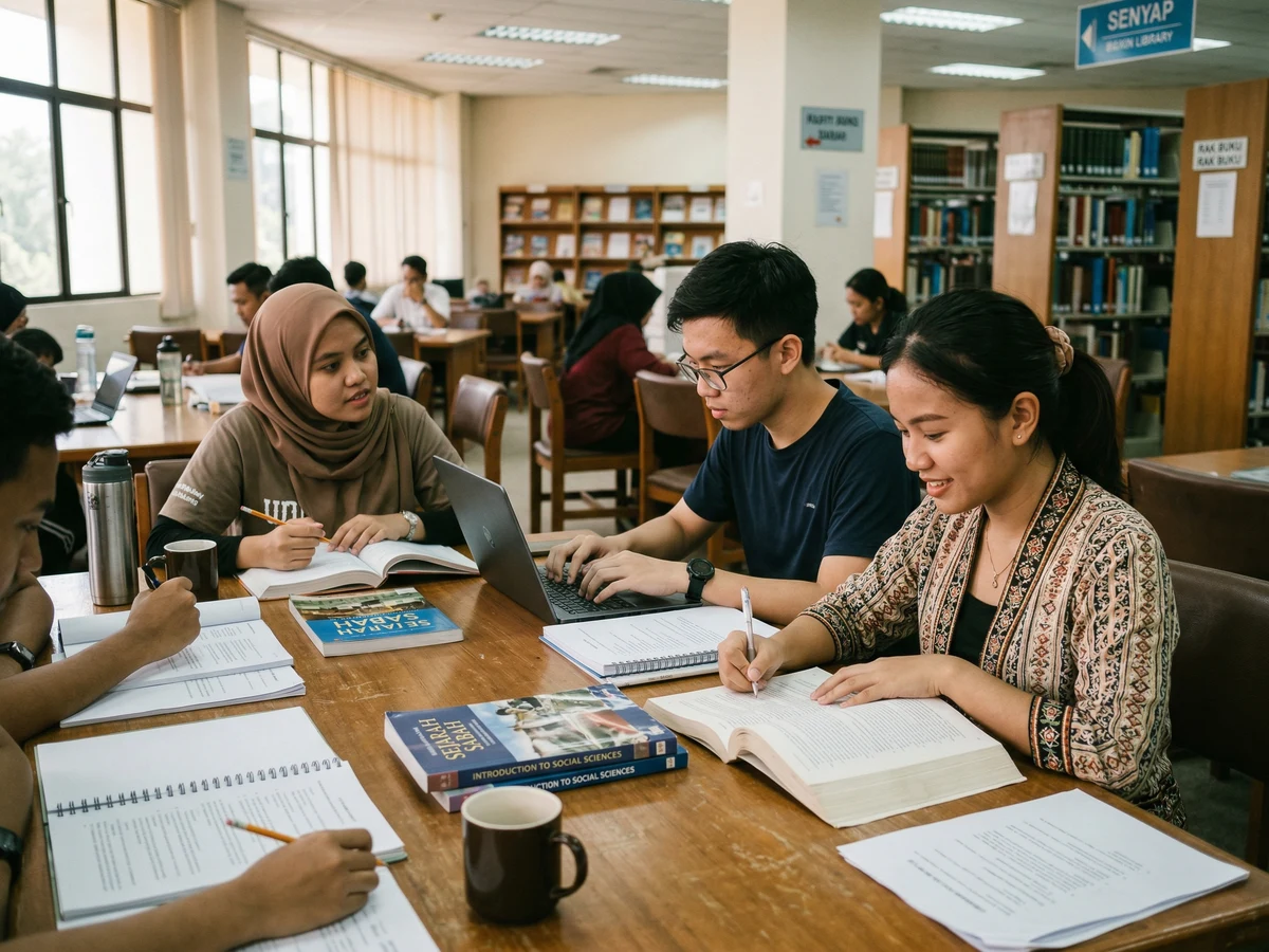 University of Malaysia Sabah campus with students studying outdoors, tropical gardens and modern buildings