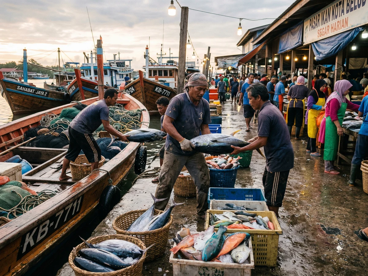 Vibrant Sabah fish market in Kota Kinabalu with Malaysian fishmonger displaying fresh seafood on ice