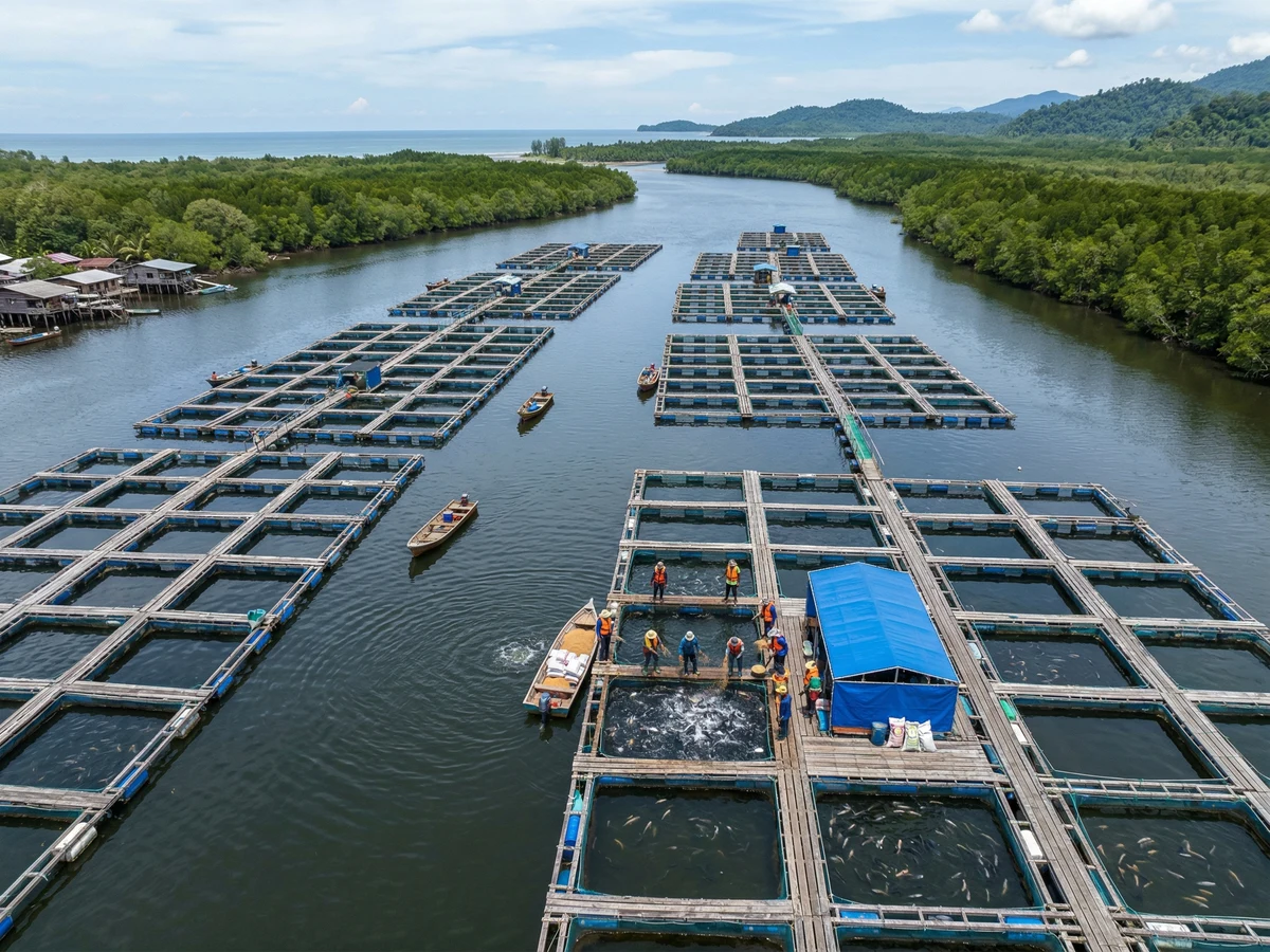Aquaculture cage farm in Semporna, Sabah with floating net enclosures for grouper farming