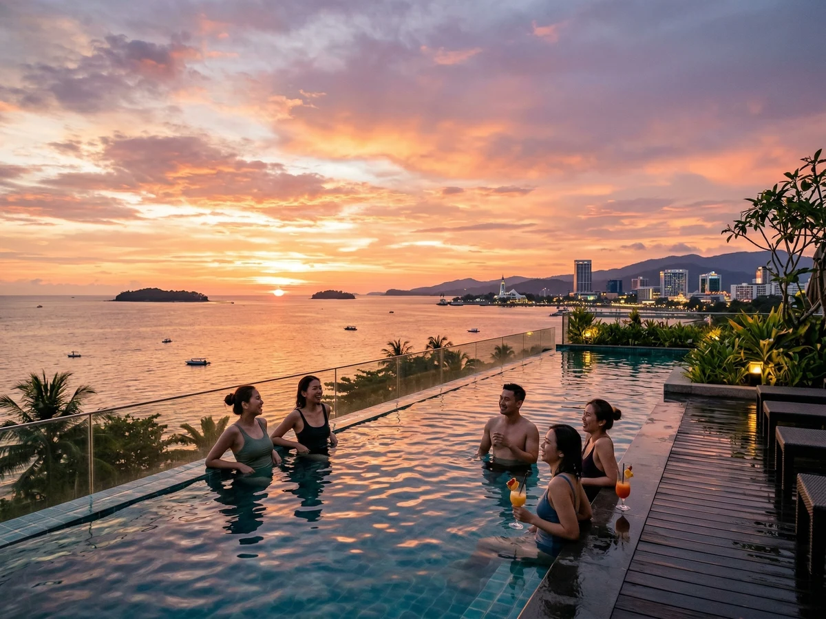 Luxury 5-star resort lobby with beachfront views, Malaysian concierge staff assisting international guests