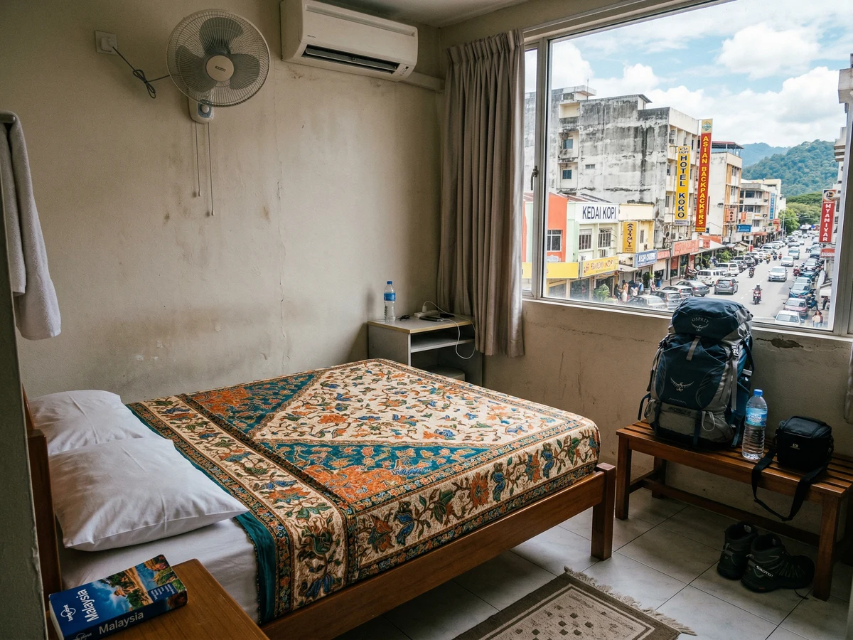 Modern 4-star hotel room with contemporary furnishings and view of Kota Kinabalu skyline through large windows