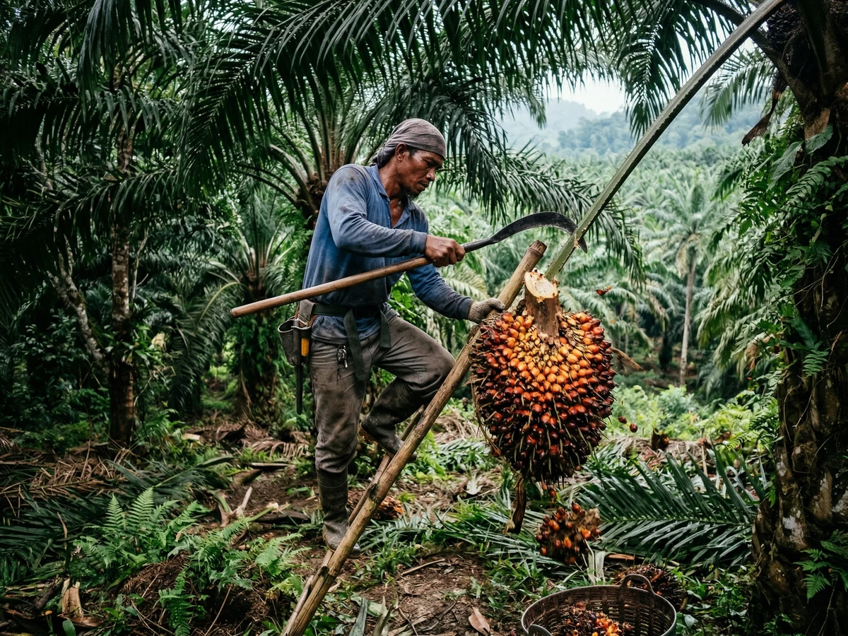 Aerial view of sprawling Sabah palm oil plantation with Southeast Asian workers harvesting