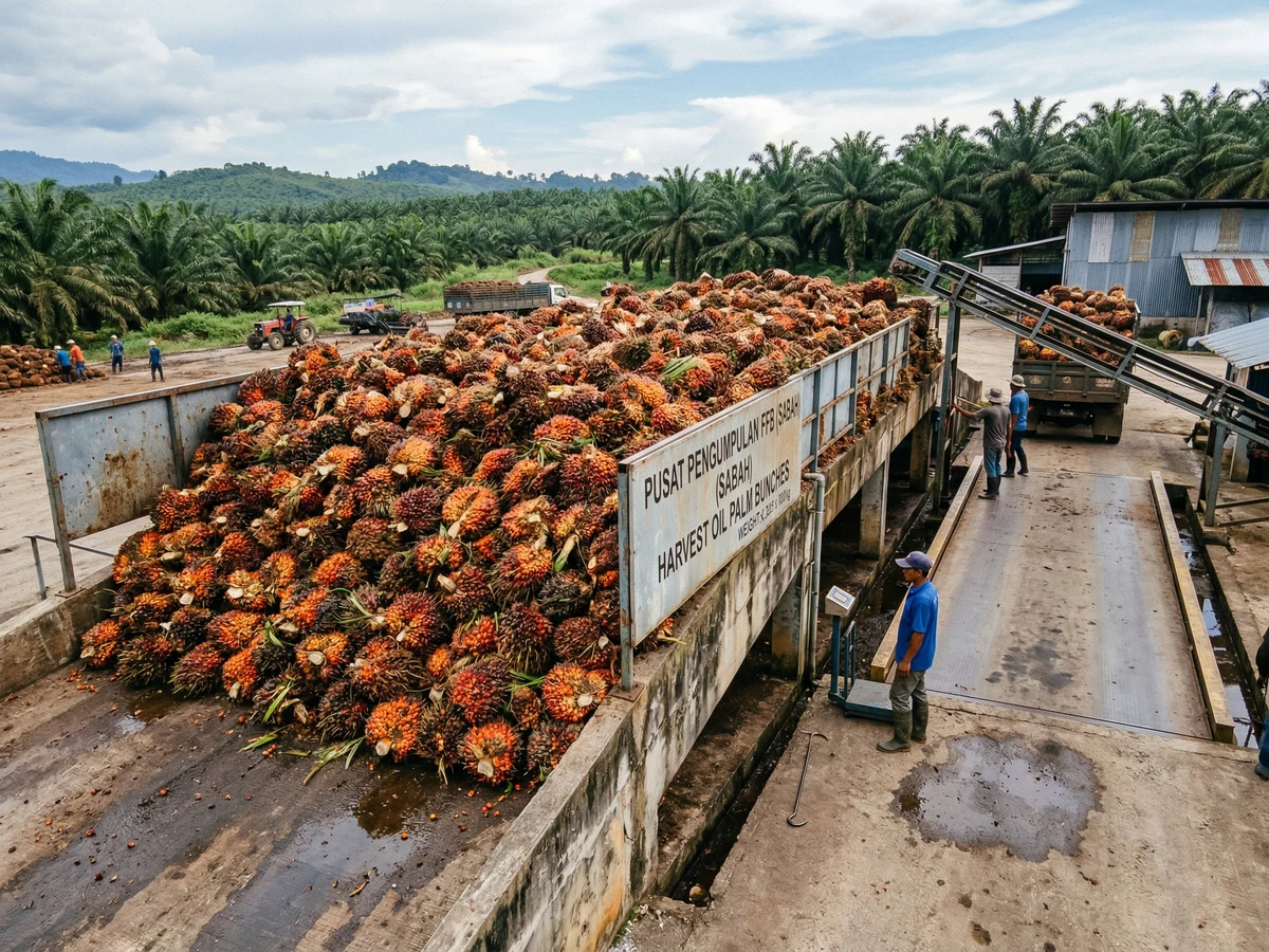 Large-scale palm oil mill facility in Sabah with processing equipment and Southeast Asian workers