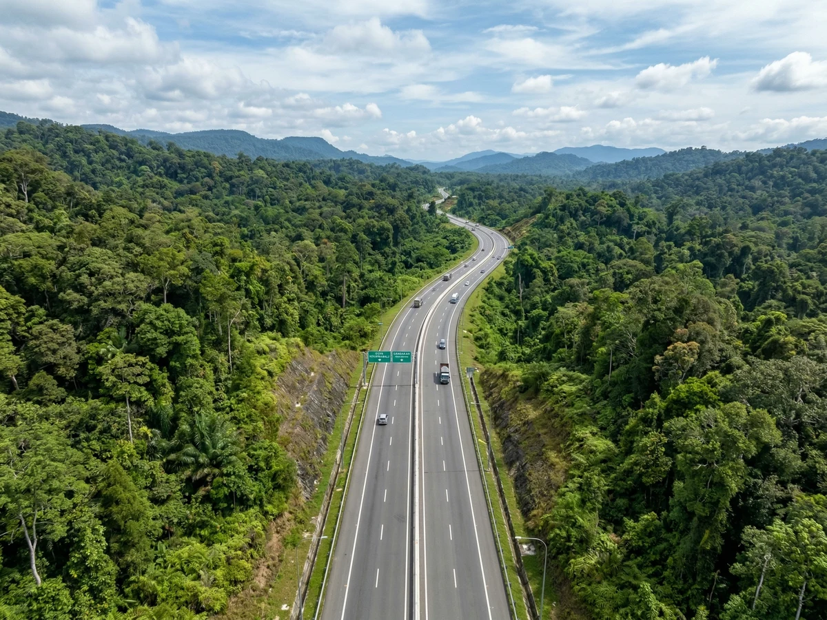Wide multi-lane expressway section under construction with modern overhead signage and Malaysian construction workers visible