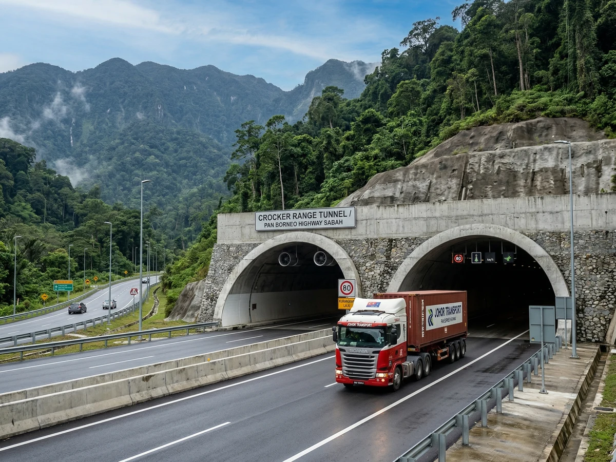 Elevated expressway viaduct spanning valley with tropical forest surrounding