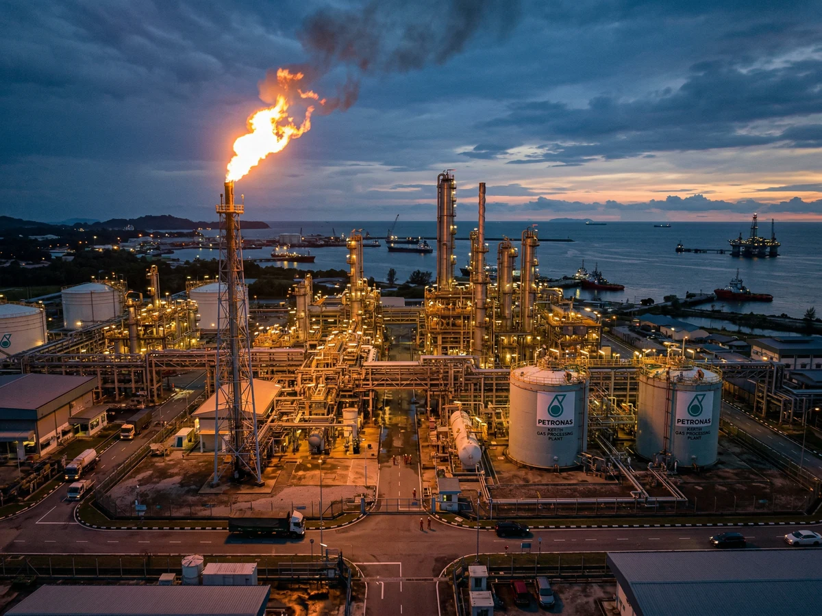 Offshore oil and gas platform in Sabah waters with Southeast Asian workers managing operations