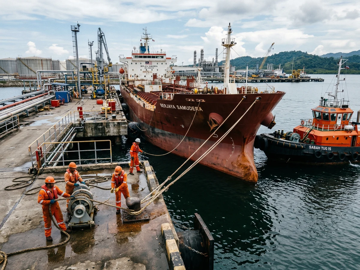 Floating LNG vessel anchored with Southeast Asian technicians on platform