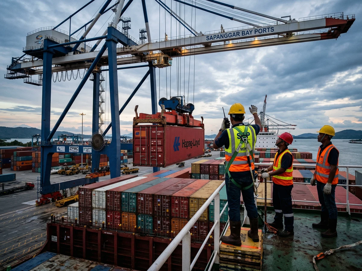 Aerial view of Sepanggar container terminal with container stacks and cranes