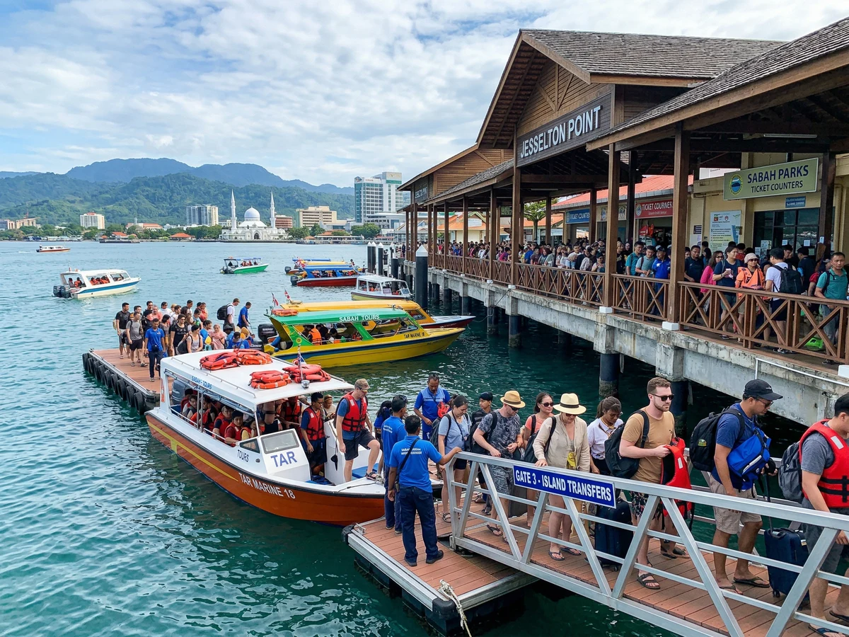 KK passenger terminal with cruise ship moored at dock and passengers boarding