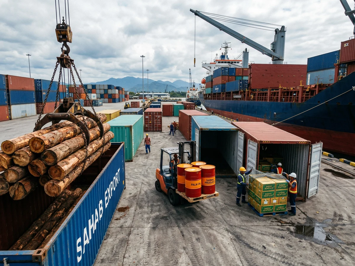 Palm oil export terminal with bulk loading and Southeast Asian port workers