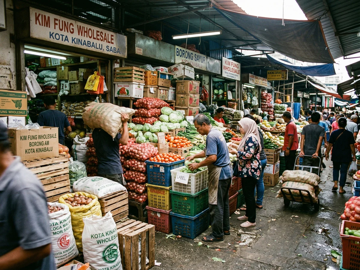 Fish market in Kota Kinabalu with Southeast Asian vendors selling seafood exports