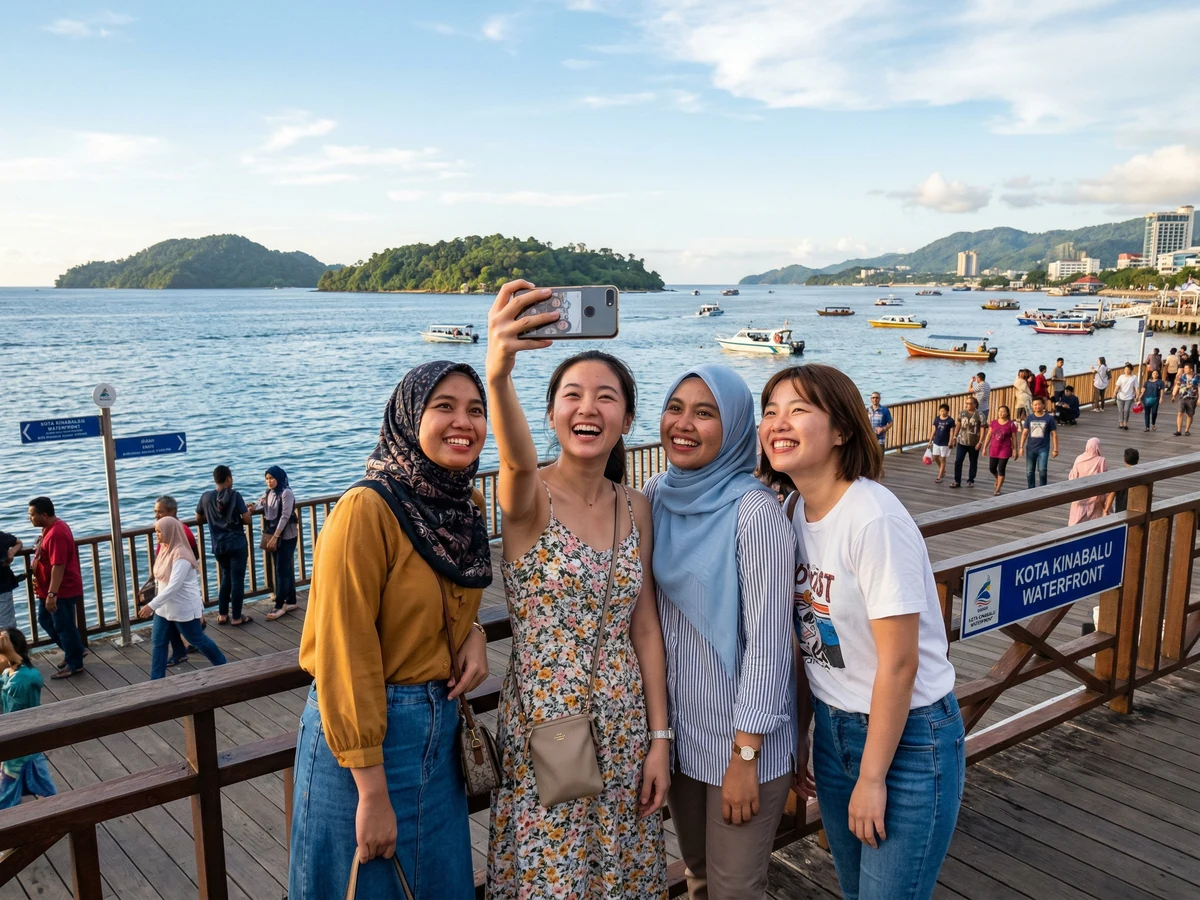 Modern cruise ship docked at Kota Kinabalu passenger terminal with tourists disembarking
