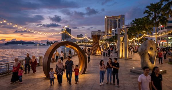 Large outdoor art installations arranged along a city waterfront square at dusk