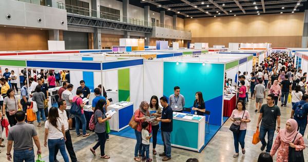 Travel fair booths filling a convention centre hall with visitors browsing