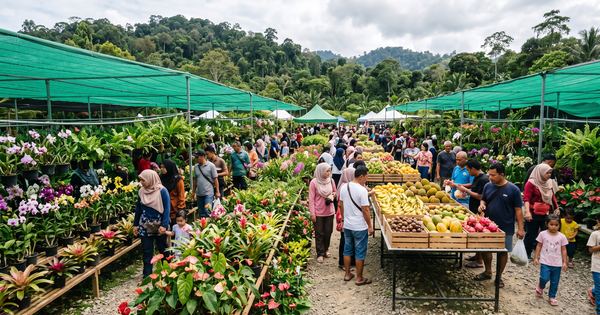 Flower and fruit displays under shade netting at an agricultural park in Sabah