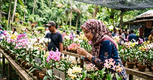Flower and fruit displays under shade netting at an agricultural park in Sabah